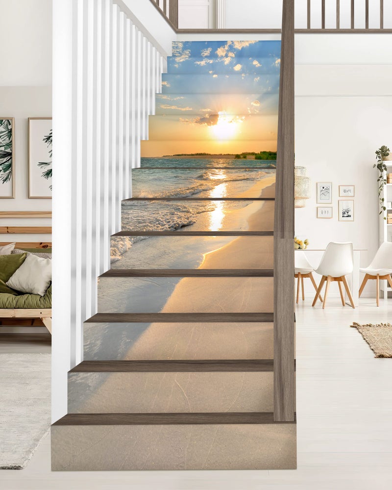 FLFK Stair Decals - Stair Stickers Decals Peel and Stick,Sunrise Coast Stair Risers Decals Self-Adhesive for Home Decor, 39.3" W x 7" H x 13Pcs - Image 1